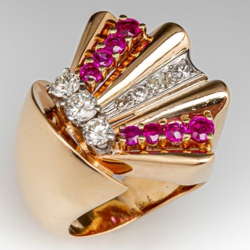 Retro Diamond & Ruby Cocktail Ring 14K Yellow Gold & Platinum