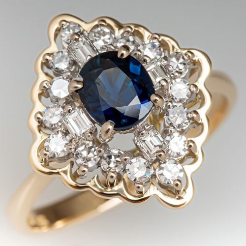Oval Cut Blue Sapphire & Diamond Engagement Ring 14K Yellow Gold