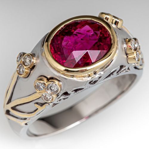 Rubellite Tourmaline Ring w/ Diamond Accents 14K Two Tone Gold