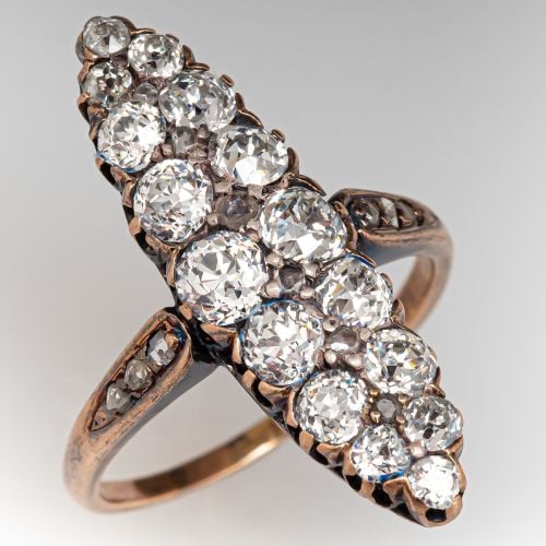 Antique Navette Victorian Diamond Ring 14K Yellow Gold & Silver