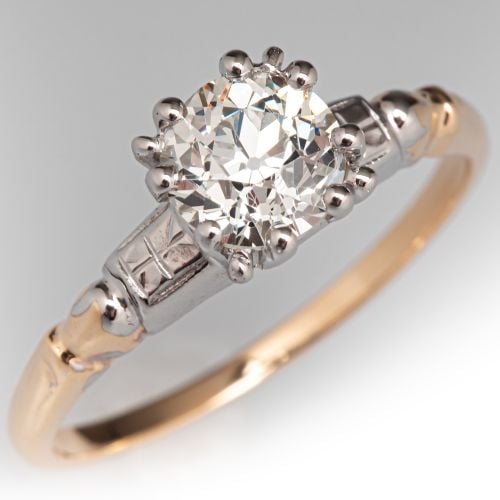 Old Euro Diamond Solitaire Engagement Ring 14K Yellow & White Gold .95Ct K/VS1 GIA