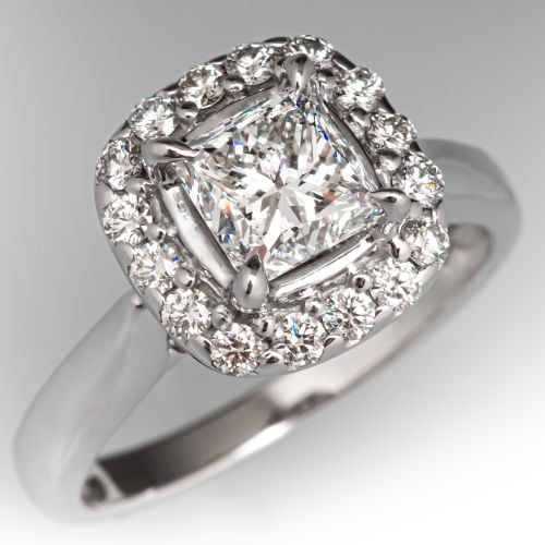 Princess Cut Diamond Halo Engagement Ring 14K White Gold 1.04Ct I/I1
