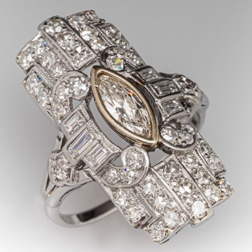 Circa 1930s Old Euro Diamond Dinner Ring Platinum
