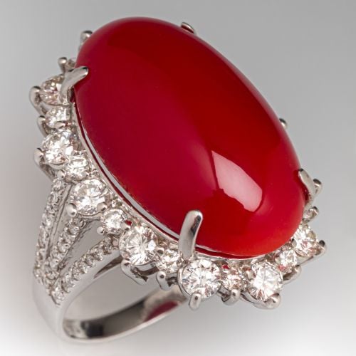 15 Carat Red Coral Cocktail Ring w/ Diamonds 18K White Gold