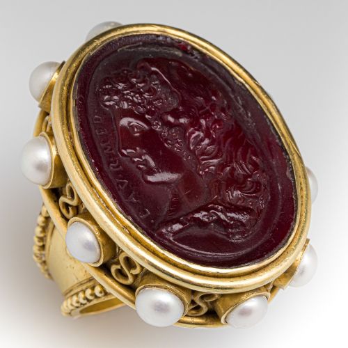 Glass Cameo Cocktail Ring w/ Pearls 18K Yellow Gold 34.7 Grams