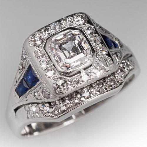 Art Deco Diamond Engagement Ring w/ Lab Sapphire Accents Platinum .67Ct D/SI2
