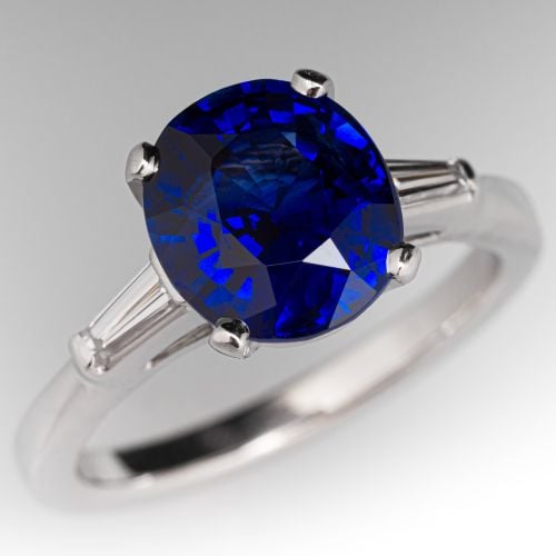 3.6 Carat Blue Sapphire Engagement Ring w/ Baguette Accents in 14K White Gold