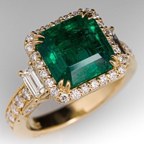 4+ Carat Zambian Emerald Ring w/ Diamond Accents in 18K Yellow Gold 
