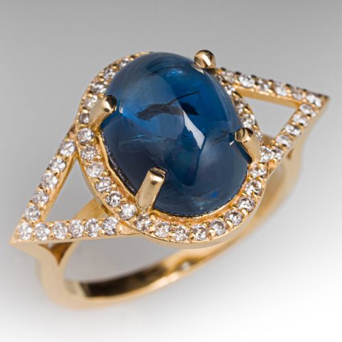 Sapphire Cabochon Ring w/ Diamonds 14K Yellow Gold