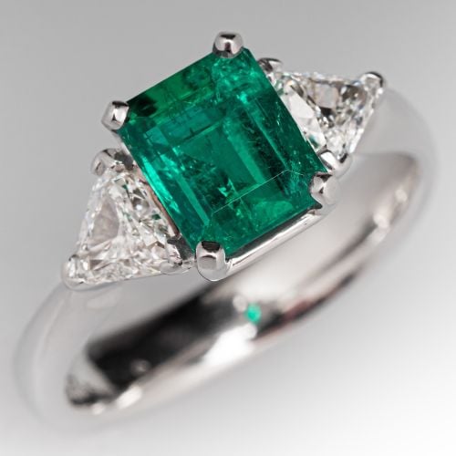 Vivid Emerald Cut Emerald & Triangular Diamond Ring 14K White Gold 