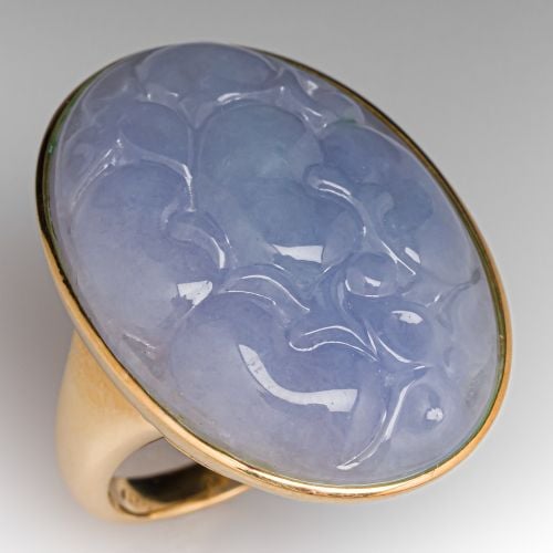 Carved Lavender Jade Cocktail Ring 18K Yellow Gold 
