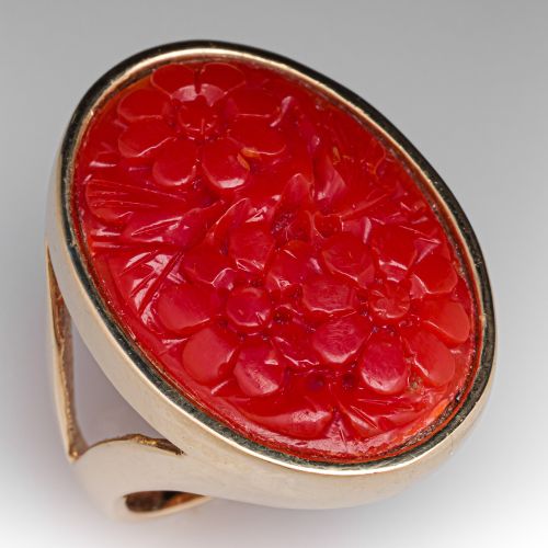 Flowery Carved Red Coral Cocktail Ring 14K Yellow Gold 