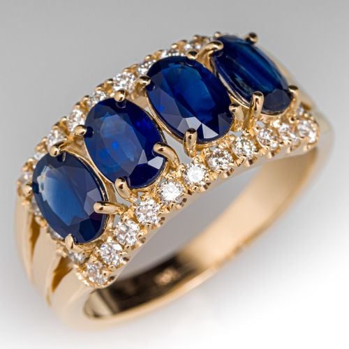 Oval Blue Sapphire Four-Stone Ring w/ Diamond Accents in 14K Yellow Gold