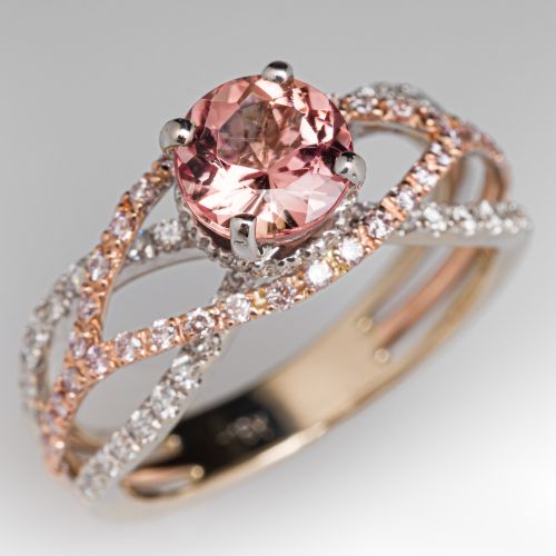 Peach Topaz Ring w/ White & Light Pink Diamond Twists 18K Gold