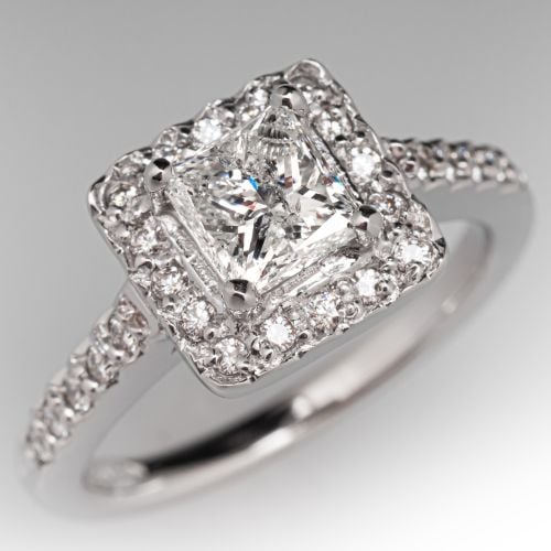 Princess Diamond Halo Engagement Ring 14K White Gold .96Ct I/I1