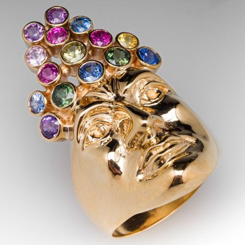 Multi Color Sapphire Crown Face Ring 14K Yellow Gold