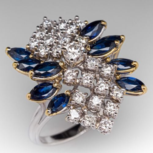 Diamond Cluster Ring w/ Blue Sapphire Accents in 14K Two Tone Gold
