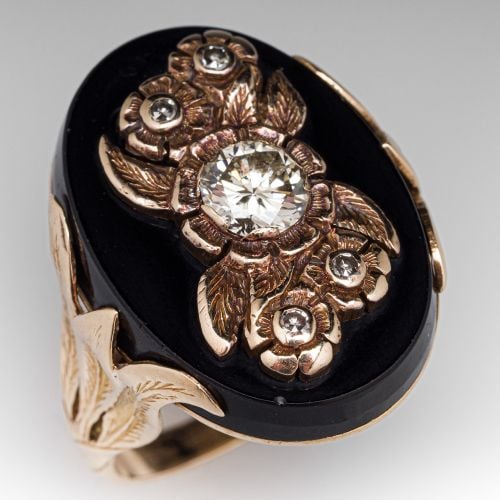 1940s Floral Diamond Onyx Ring 14K Yellow Gold