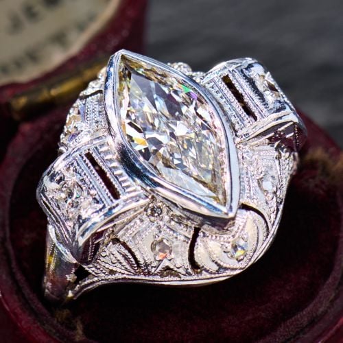 Antique Marquise Diamond Ring Platinum 1930s 1.57Ct K/SI2 GIA