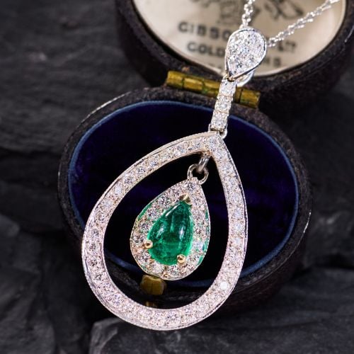 Beautiful Pear Cut Emerald & Diamond Pendant Necklace 14K White Gold