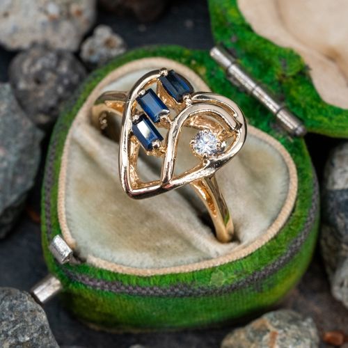Heart Shaped Blue Sapphire & Diamond Ring 14K Yellow Gold