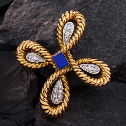 Bold Looping Lapis & Diamond Brooch 14K Yellow Gold 