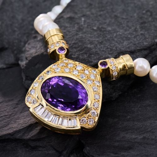 Knotted Pearl Strand Amethyst Pendant Necklace 14K Yellow Gold