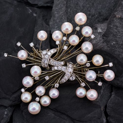 Atomic Era 1950s Pearl Diamond Brooch Pin