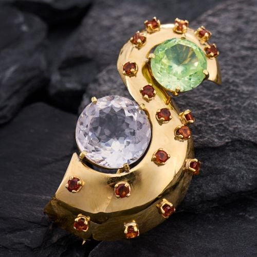 Goshenite, Synthetic Spinel, & Garnet Brooch 18K Yellow Gold