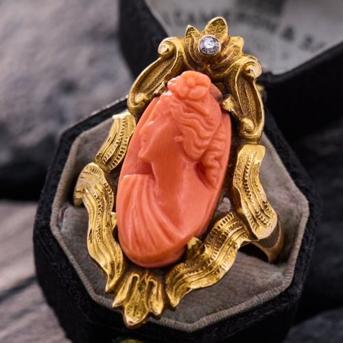Art Nouveau Coral Cameo Ring Yellow Gold