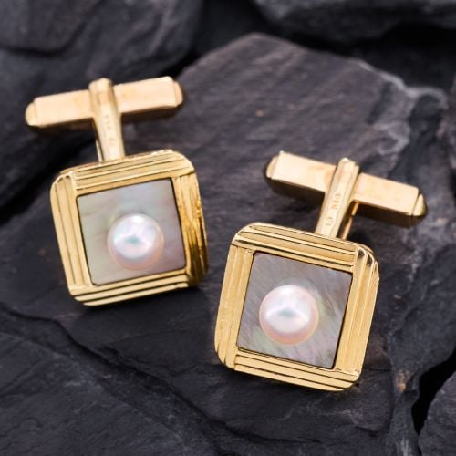 Vintage Mikimoto Pearl Cufflinks 14K Yellow Gold