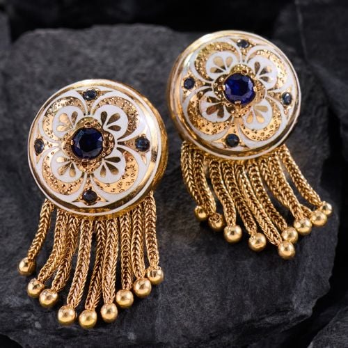 Victorian Revival Enamel & Lab Sapphire Earrings 14K Yellow Gold