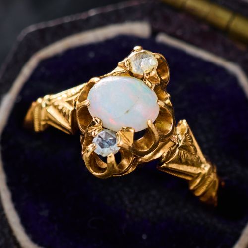 Final Sale: Antique Rose Cut Diamond & Opal Ring 18K/14K Yellow Gold