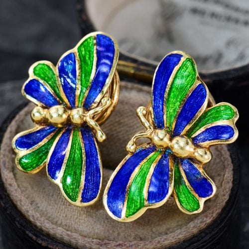 Enamel Butterfly Earrings 14K Yellow Gold