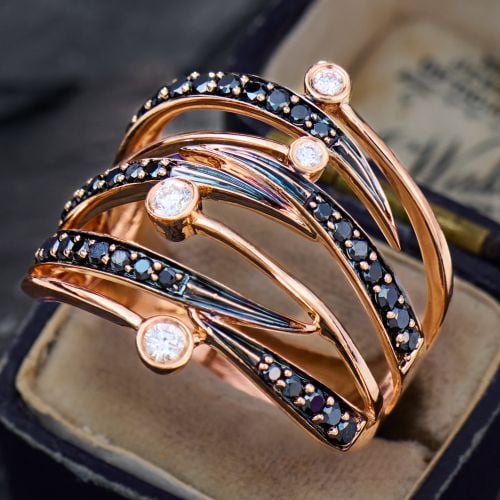 Tiger Stripe Black Diamond Band Ring 14K Rose Gold