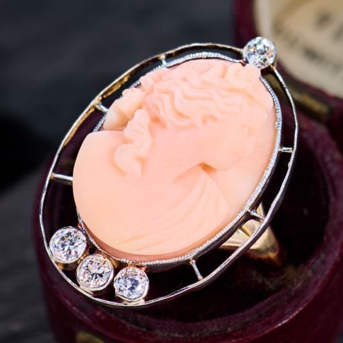 Carved Coral Cameo Ring with Old Euro Diamonds Platinum / 14K Yellow Gold