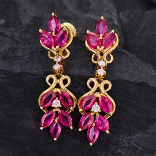 Marquise Ruby Dangle Earrings 14K Yellow Gold