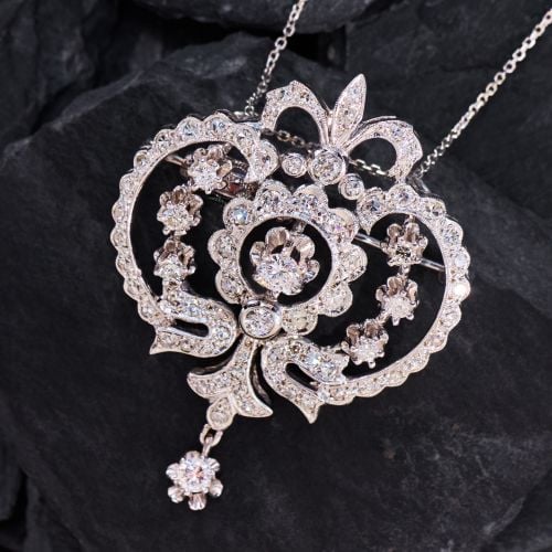 Beautiful Diamond Brooch/Pendant Necklace Platinum & 14K White Gold