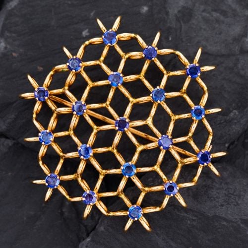 Hexagonal Openwork Sapphire Brooch 14K Yellow Gold