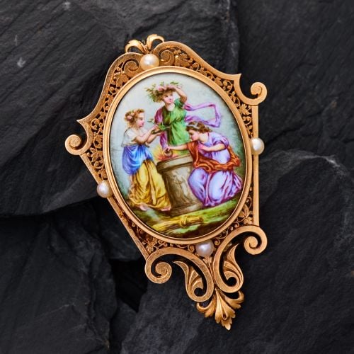 Victorian Painted Scene Pendant Ornate 18K Yellow Gold Frame
