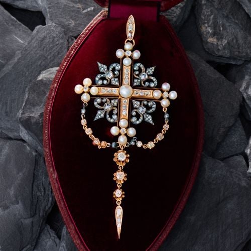 Magnificent Victorian Diamond and Pearl Cross Pendant 18K Gold