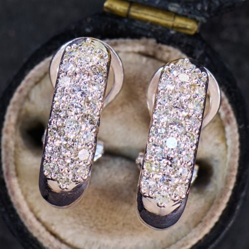 1 Carat Pavé Set Diamond J-Hoop Earrings Platinum Clip-Ons for Non-Pierced Ears