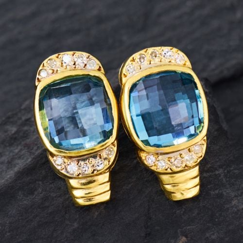 Checkerboard Cushion Blue Topaz Earrings with Diamonds 18K Yellow Gold