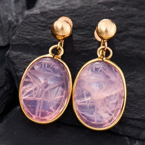 Carved Scarab Rose Quartz Screw-On Earrings 14K Yellow Gold