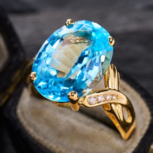 Oval Sky Blue Topaz Ring w/ Diamonds 14K Yellow Gold