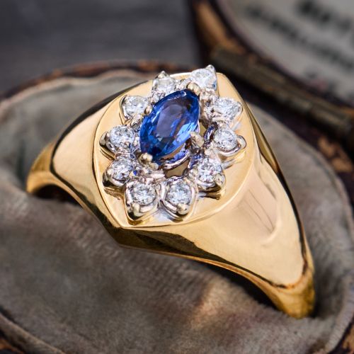 Marquise Lab Sapphire Ring with Diamonds 14K Yellow Gold