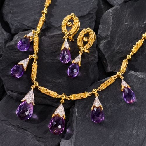 Amethyst Briolette Earring & Necklace Set 18K Yellow Gold