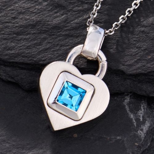 Heart Shaped Blue Topaz Pendant Necklace 14K White Gold