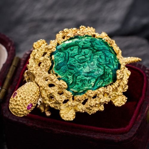 Enamel & Ruby Eye Turtle Brooch 18K Yellow Gold