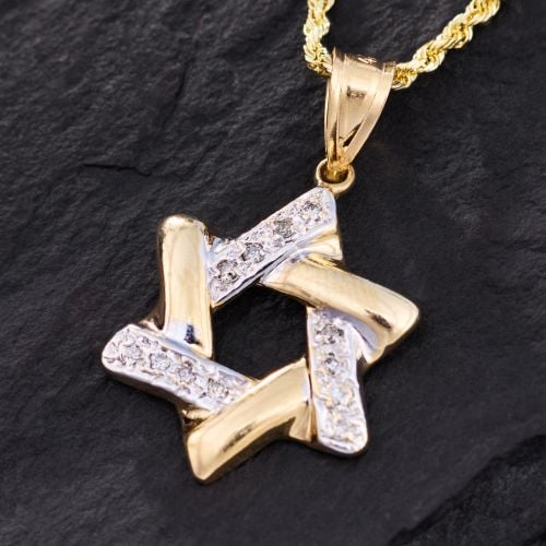 Diamond Accented Star of David Pendant Necklace 14K Two Tone Gold